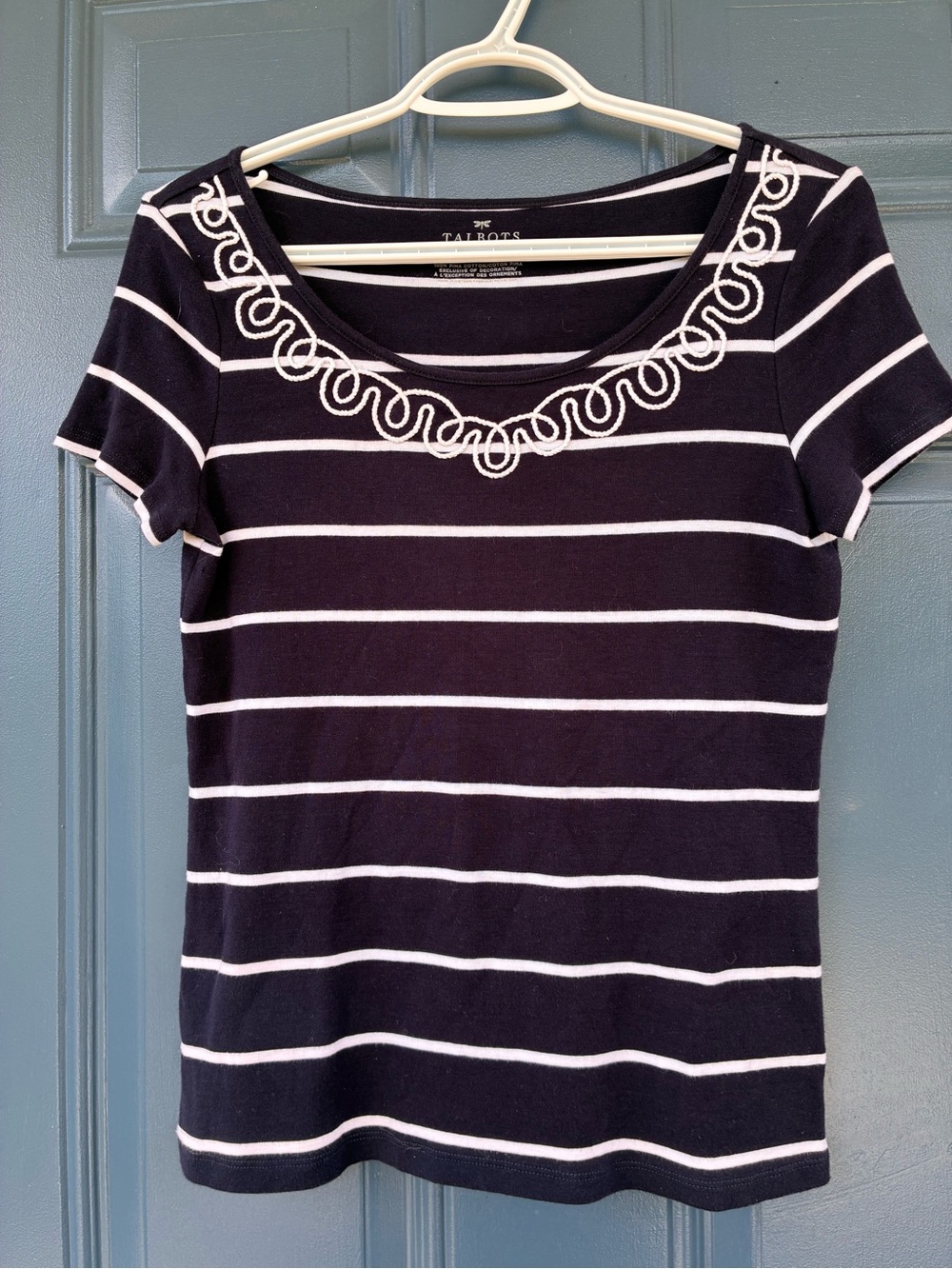 Talbots Navy & White Stripe Supima Cotton Scoop Neck Tee; Embroider CoastalTrim